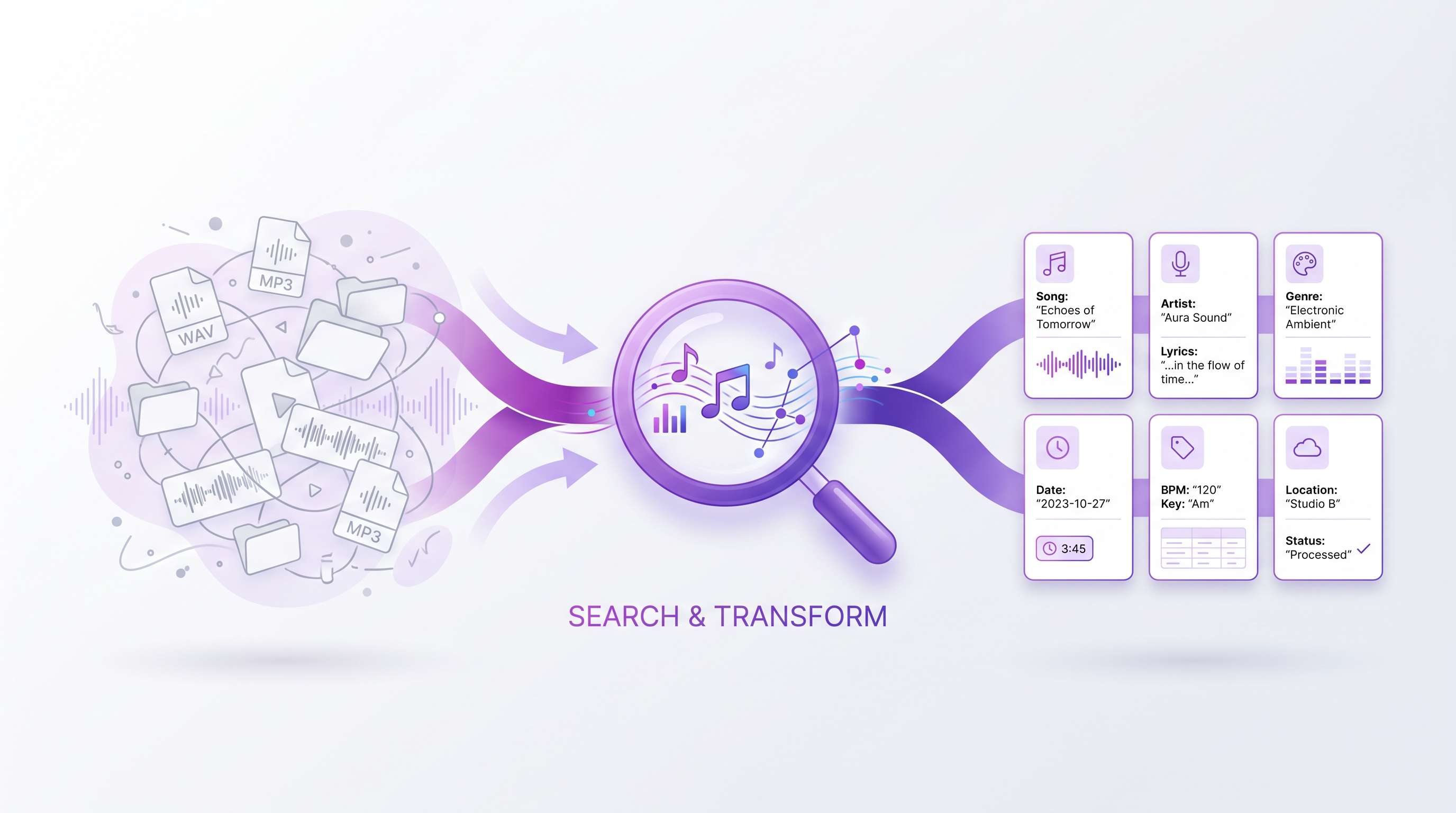 A scattered library of recordings flows into intelligent search and out as labeled, findable results